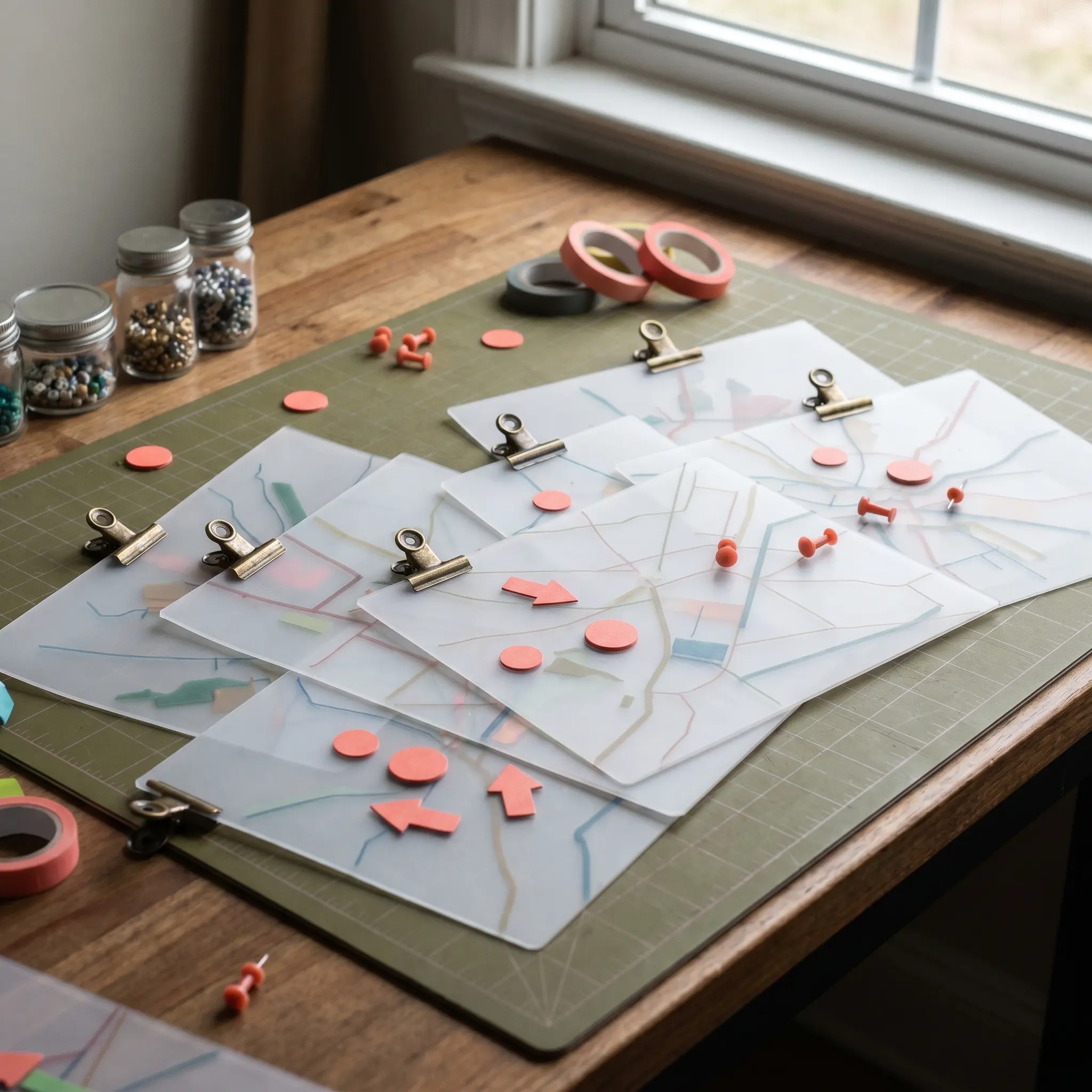 Layered evidence cards and markers used to map decision tradeoffs