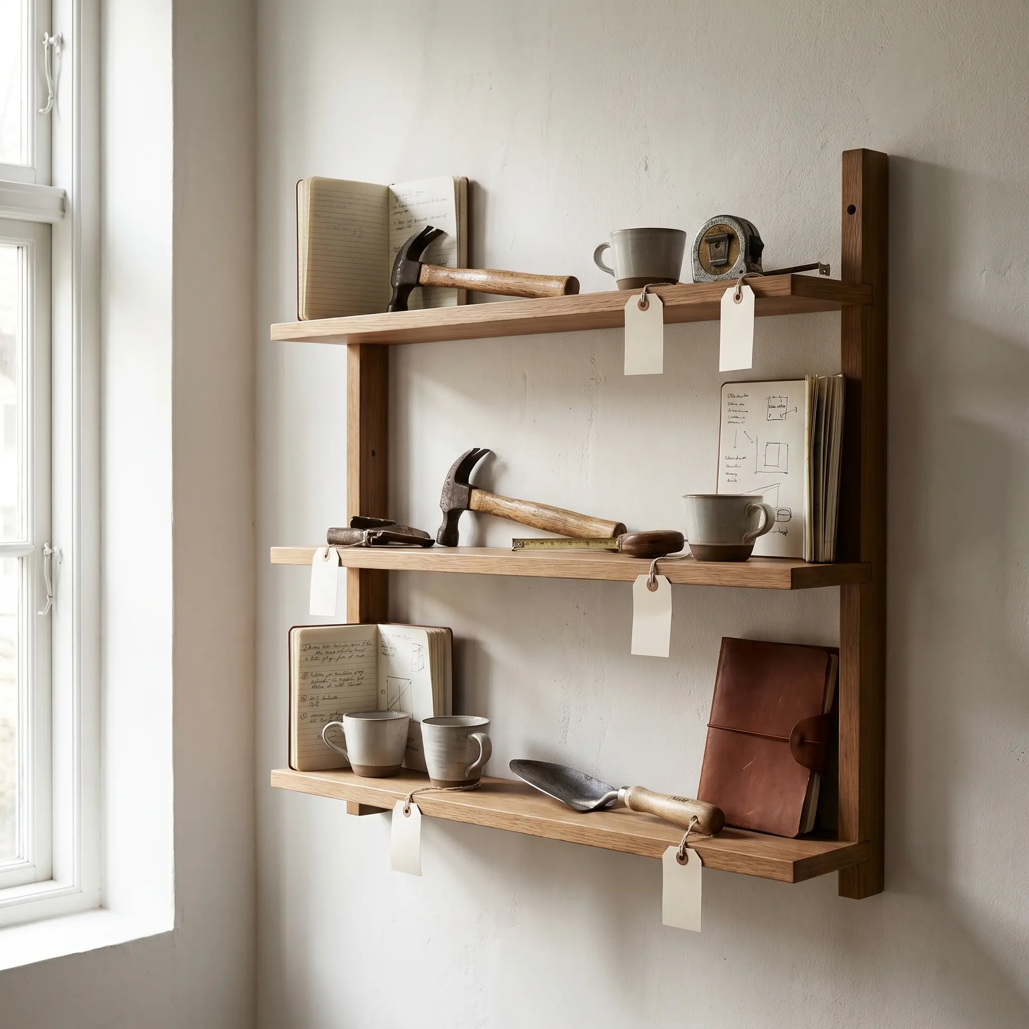 Shelves of carefully selected everyday tools arranged for shortlist comparison